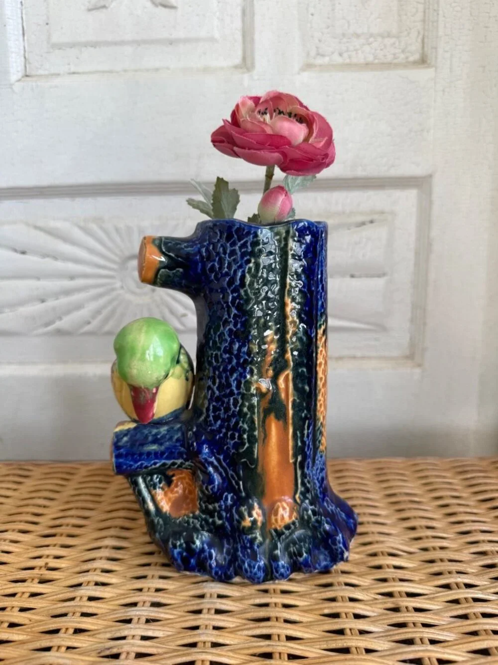 Vintage 50's Japan Blue Tree Stump Vase King Fisher Bird Vase Whimsical